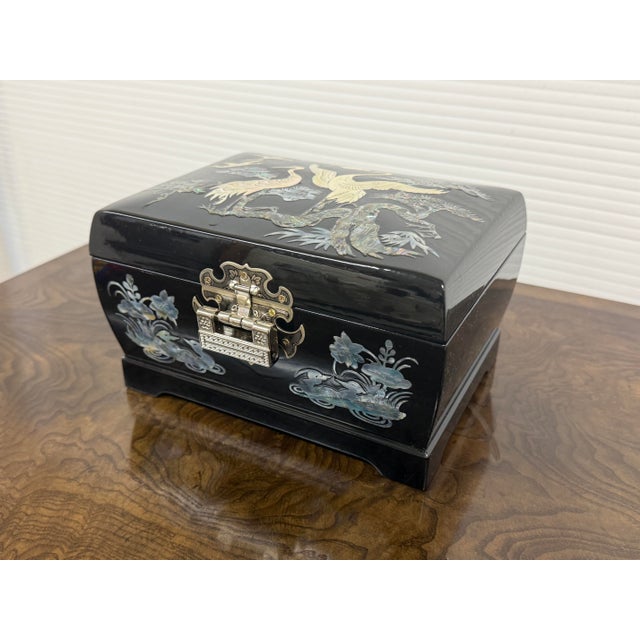 Paint Korean Black Lacquer + Mother of Pearl Locking Jewelry Box, Large For Sale - Image 7 of 12