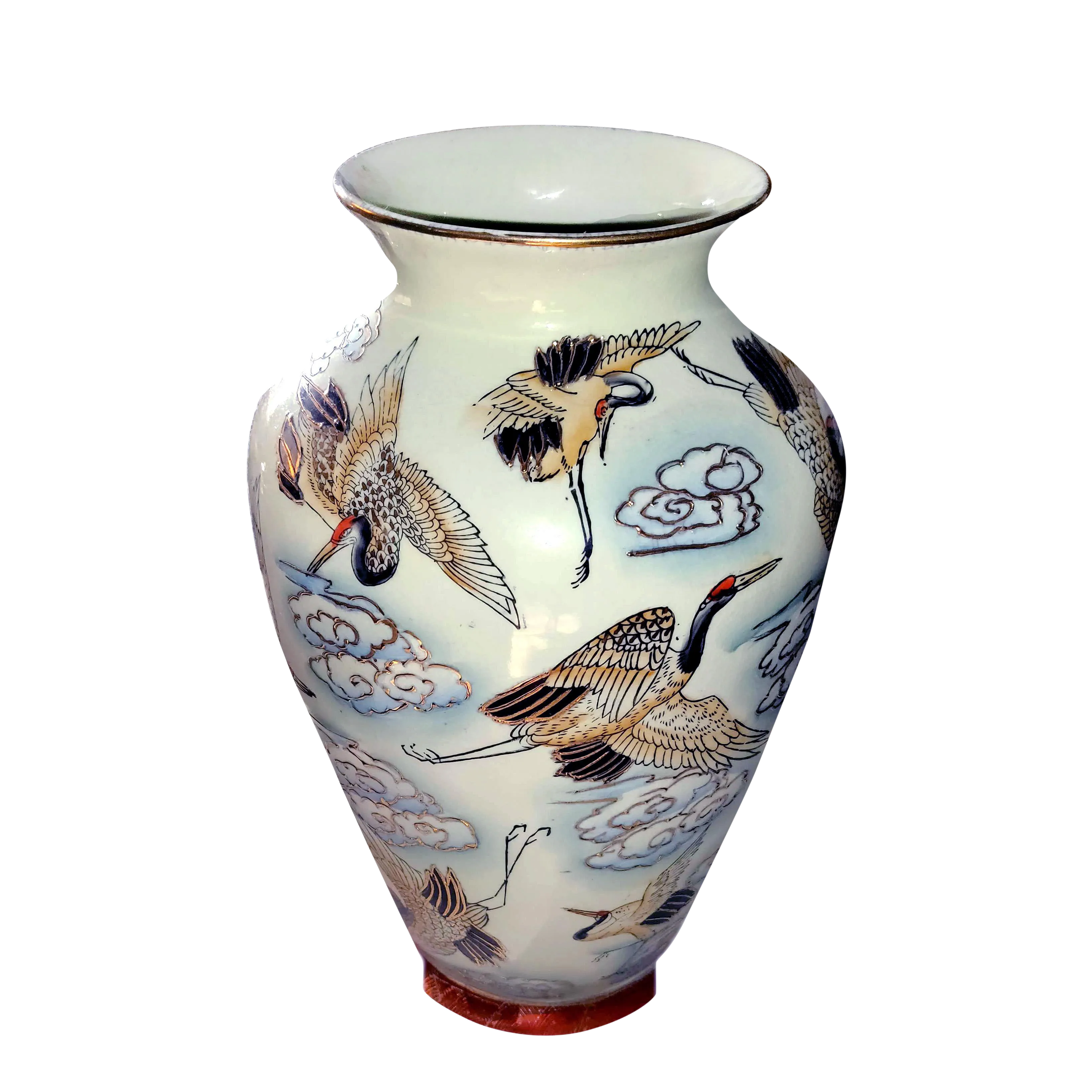 Chinese Famille Rose Polychrome Freehand Raised Cranes & Clouds