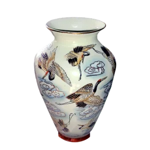 Chinese Famille Rose Polychrome Freehand Raised Cranes & Clouds Motif Porcelain Vase
