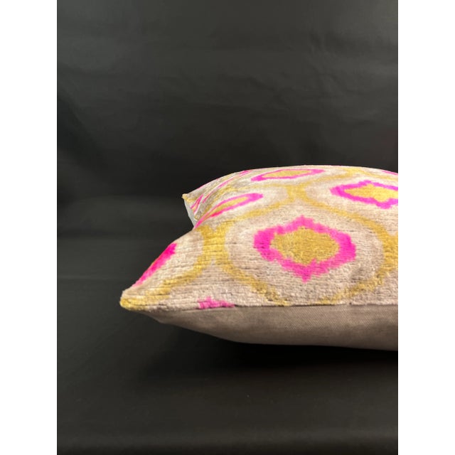 Pink and Golden Yellow Velvet Ikat Pillow Cover For Sale - Image 4 of 5