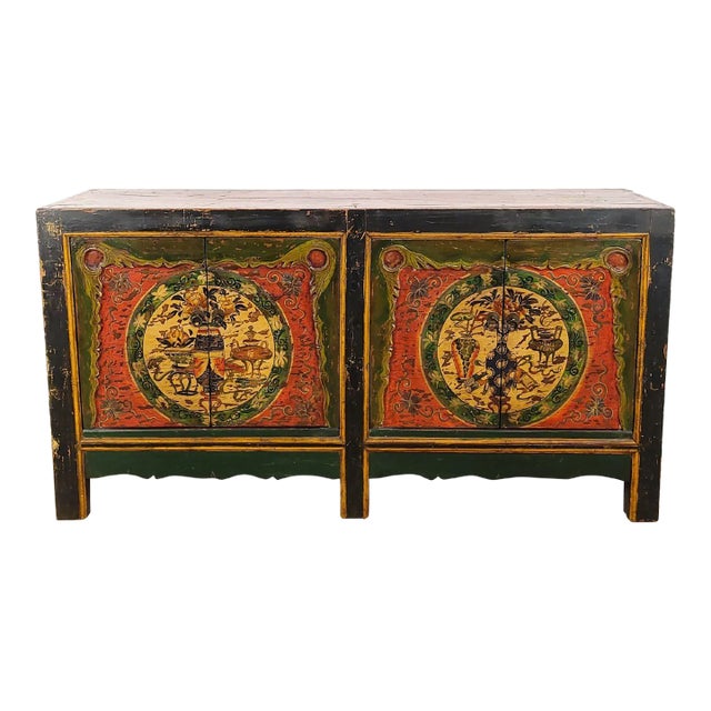 Tibetan Painted Four-Door Cabinet, 19th Century For Sale