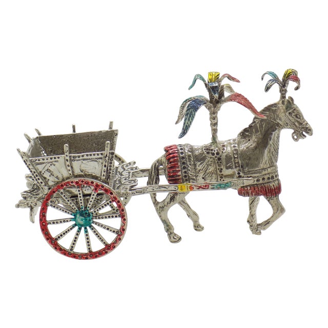 Large Vintage Italian Handmade Silver Carretto Siciliano Carriage with Enameled Parts, Sicily, 1980s For Sale