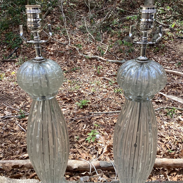 Vintage Murano Attributed Art Glass Table Lamps With Polished Nickel Hardware - a Pair For Sale - Image 10 of 12