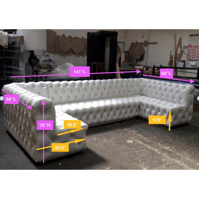 White Tufted Chesterfield-Style L-Shaped Sectional Sofa | 3-Piece Pleather Corner Booth Seating For Sale - Image 4 of 9