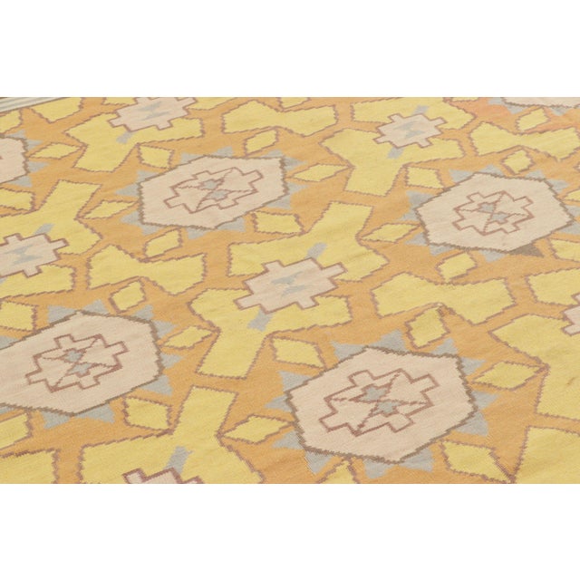 1950s Vintage Bessarabian Kilim in Pink and Yellow Geometric Pattern For Sale - Image 5 of 7