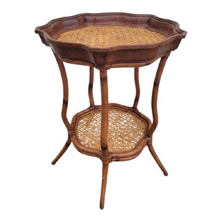 Vintage Wood Wicker Curvy Scalloped Top Decorative Side Table For Sale