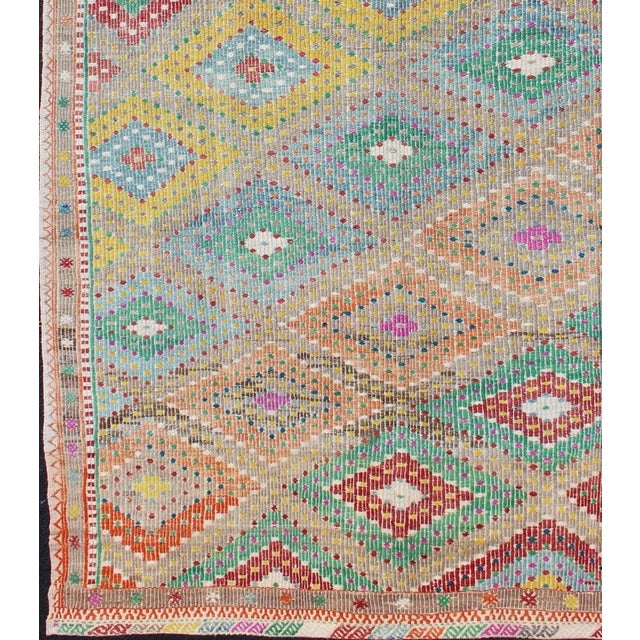 Diamond design Turkish embroidered Kilim vintage rug in Vivid colors Colorful flat-woven embroidered Kilim rug from...