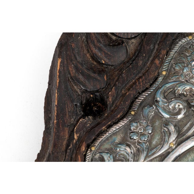 Late 19th Century 19th C. Greek Orthodox Icon, Theotokos With Christ Child — Hallmarked 950 Silver Repoussé Riza & Carved Baroque Frame, 15¾" H For Sale - Image 5 of 10