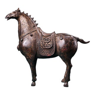 Heavy Vintage Chinese Gilt Bronze Tang Style Horse Sculpture For Sale