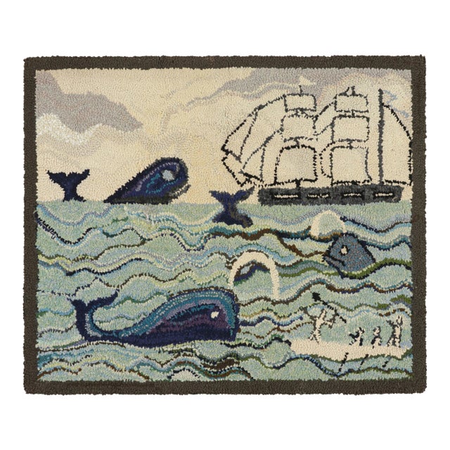 Antique Hooked Rug With Ocean Pictorials in Blue and Cream, From Rug & Kilim For Sale