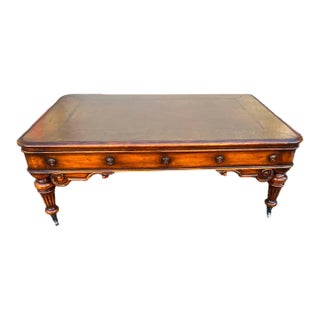 Vintage William IV Style Large Sized Tooled Leather Top Walnut Cocktail Coffee Table With Dovetails For Sale