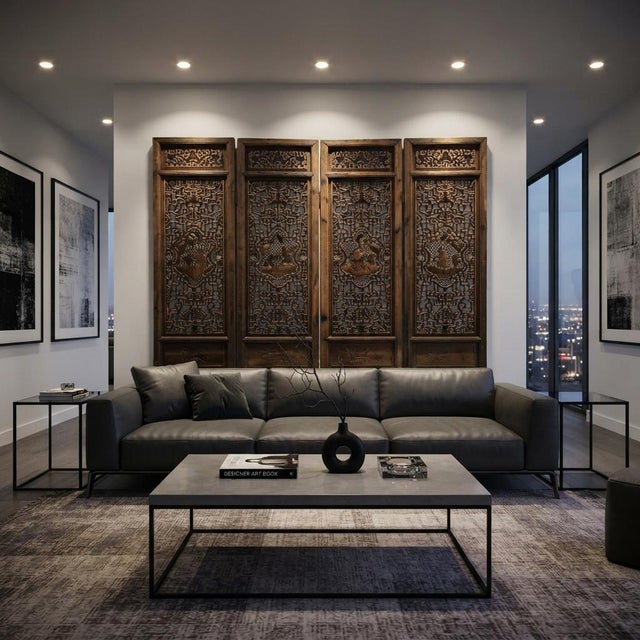 This magnificent four-panel wooden room divider showcases exceptional traditional craftsmanship, featuring intricate...