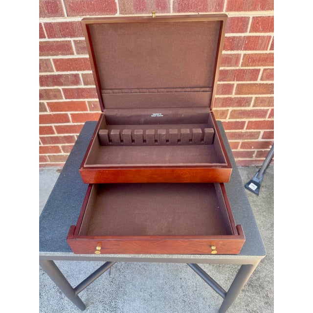 Classic mahogany silverware chest by Reed and Barton. Research indicates this is the "Easton" model with 108-120 capacity.