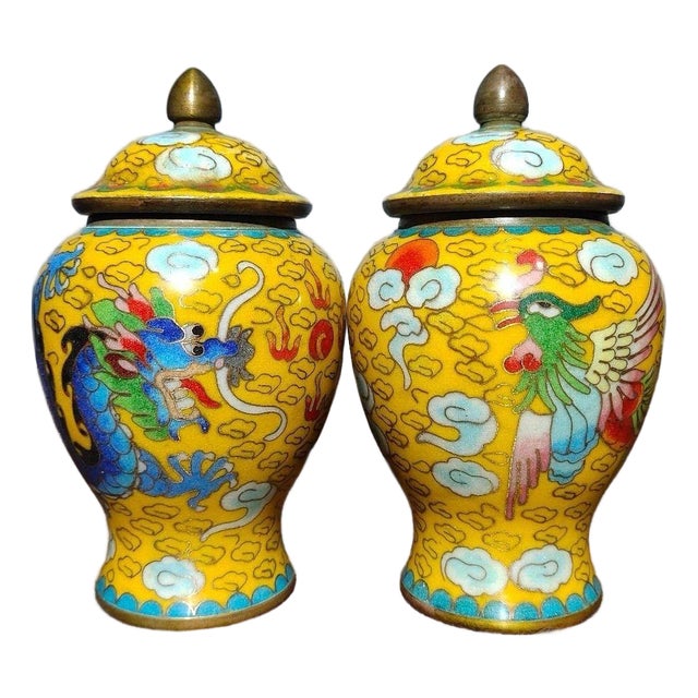 Pair of Vintage Chinese Yellow Cloisonné "Dragon & Phoenix" Ginger Jars - 1310g For Sale