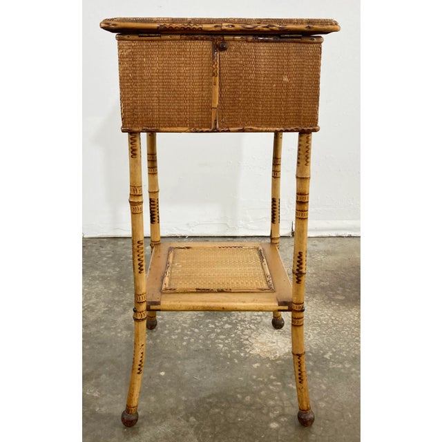 Early 20th Century Antique Scorched Bamboo Caned Top Sewing Table For Sale - Image 5 of 13