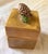 Charming vintage ceramic trinket box with a drippy mustard yellow glaze and acorn finial. No makers mark.