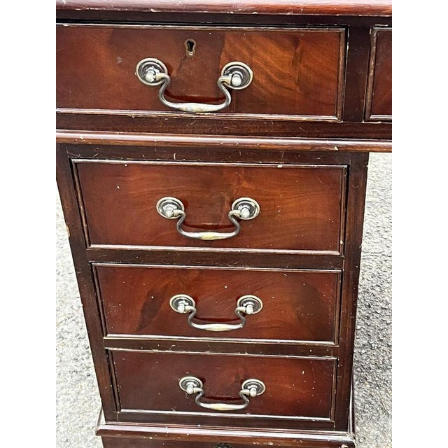 Brown Pedestal Desk in Flame Veneer Mahogany with Green Leather Top For Sale - Image 8 of 13