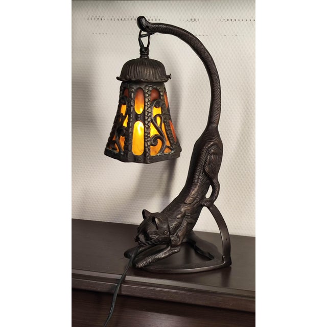 Brown Vintage Heavy Cast Iron Cat Lamp With Hand-Blown Amber Glass Shade For Sale - Image 8 of 10