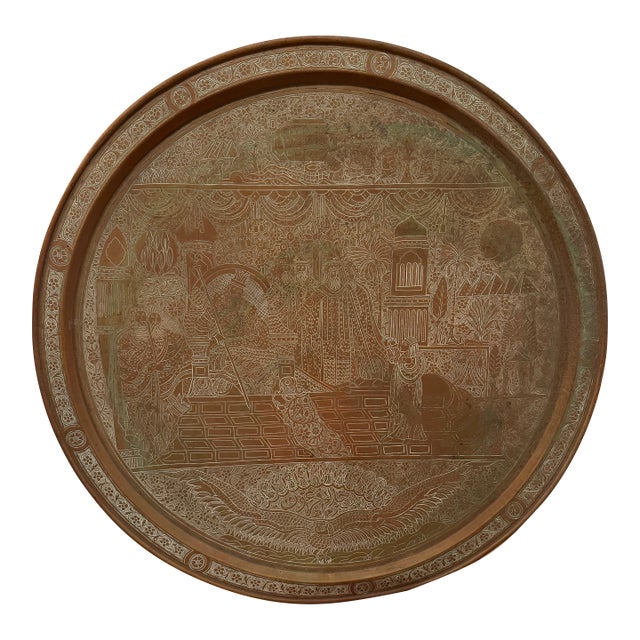 Antique Middle Eastern Engraved Copper Tray With Figural Court Scene & Calligraphy – Large Round Wall Art For Sale