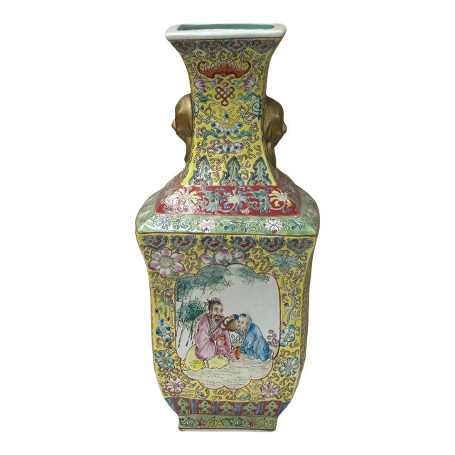 Chinese Yellow Base Canton Famille Mille Fleurs Porcelain Vase For Sale