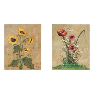 Poppy and Sunflowers, 1960s, Oil Paintings on Plate, Framed, Set of 2 For Sale