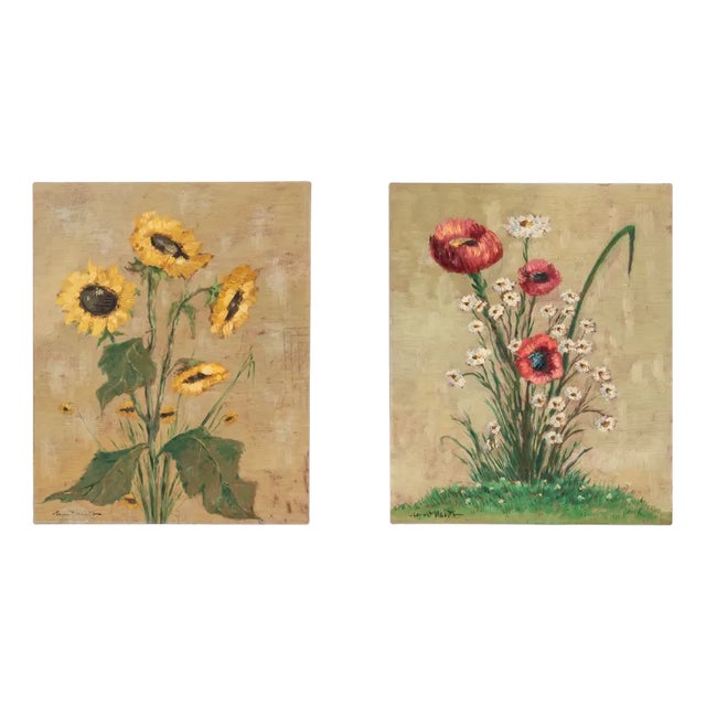Poppy and Sunflowers, 1960s, Oil Paintings on Plate, Framed, Set of 2 For Sale