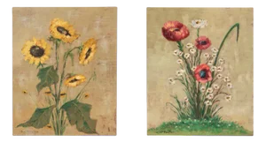 Poppy and Sunflowers, 1960s, Oil Paintings on Plate, Framed, Set of 2