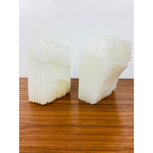 1970s Vintage Brutal Carved White Onyx Stone Pair of Bookends For Sale - Image 5 of 10
