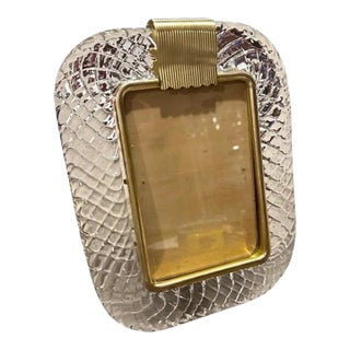1990s Barovier Style Art Deco Clear Murano Glass and Brass Picture Frame For Sale