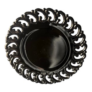 Vintage Black Glass Fenton Scroll Lace Plate Halloween Luxe Ebony For Sale