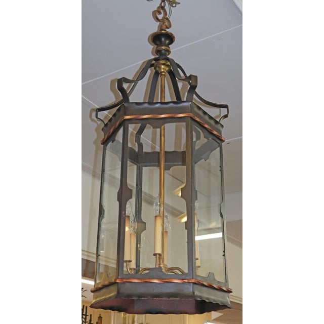 1990s Large 6 Light Regency Style Wrought Iron Black & Gold Chandelier Lantern For Sale - Image 4 of 10