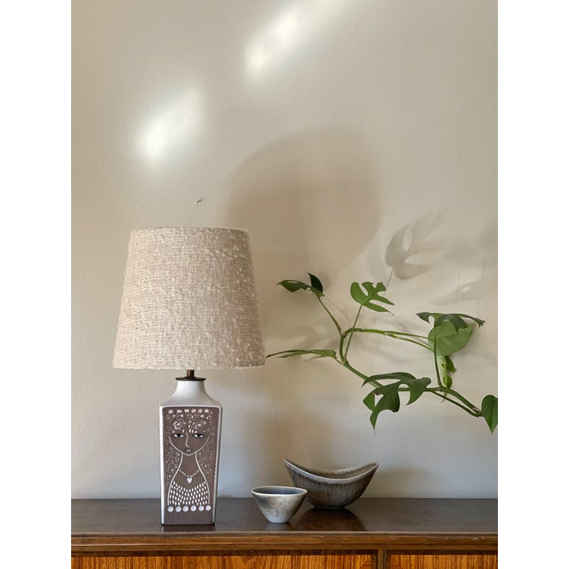 Rare Upsala Ekeby Ceramic Table Lamp, "Beata". White and Brown base with a Wonderful, Playful Deco, a Woman Portrait on...