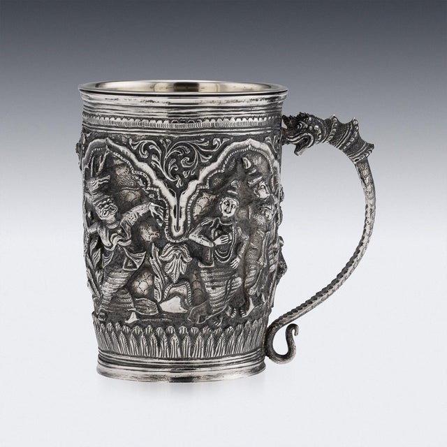 Antique 19th Century Burmese Silver Repoussé Jataka Tales Mug, 1890 For Sale - Image 3 of 16