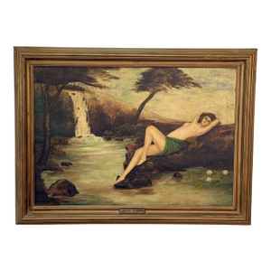 Antique Art Nouveau Nude Women "Water Flower" Signed Oil on Canvas Painting
