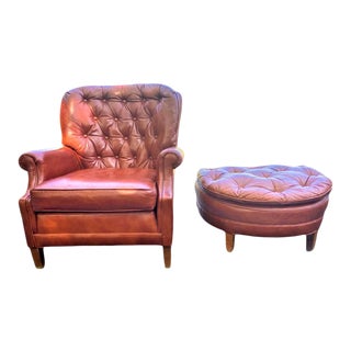 1980s North Hickory Tufted Leather Chesterfield Chair and Ottoman - 2 Pieces For Sale