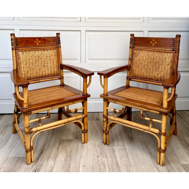 Vintage Bamboo, Rattan & Wood Lounge Chairs With Ottoman, Set of 3 For Sale - Image 17 of 18