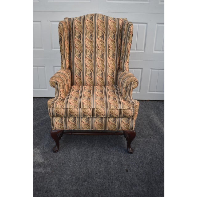 1980s Vintage Queen Anne Wingback Chair Mahogany Cabriole Leg Striped Tapestry Floral For Sale - Image 5 of 15