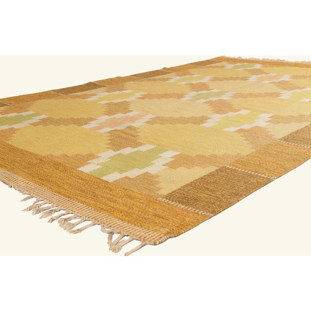 79780 Vintage Swedish Rollakan Rug, 06'04 x 10'01. The Golden Reverie: A Vintage Swedish Röllakan Masterpiece by Ingegerd...