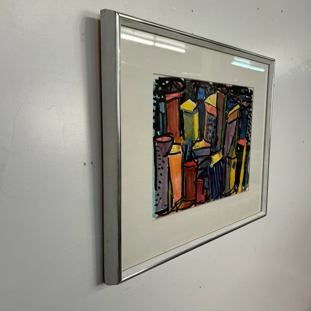 Mid-Century Modern Abstract Cityscape Watercolor Framed Painting by Kenneth Marcus Hugh For Sale - Image 3 of 12