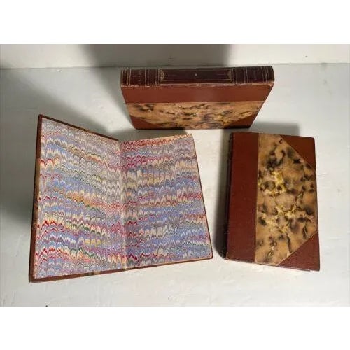 Antique French Leather Books - Decorative Marbled Covers - Set of 3 For Sale - Image 11 of 11