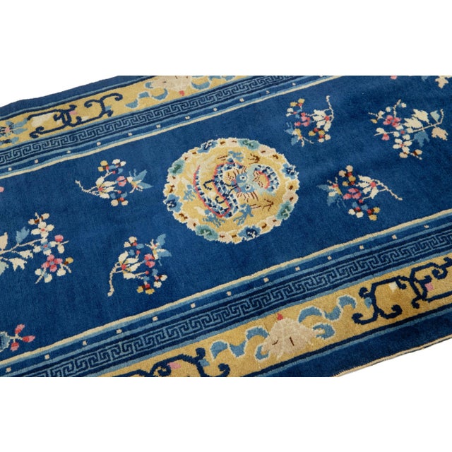 Textile Dragon Chinese Vintage Peking Handmade Wool Rug in Blue For Sale - Image 7 of 9