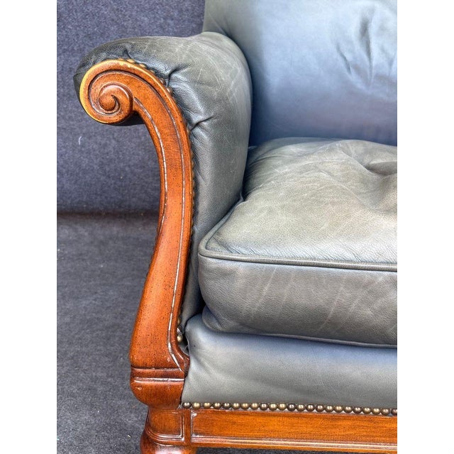 English Vintage Lillian August Sun-Faded Navy Ombré Leather Library Chair For Sale - Image 3 of 6