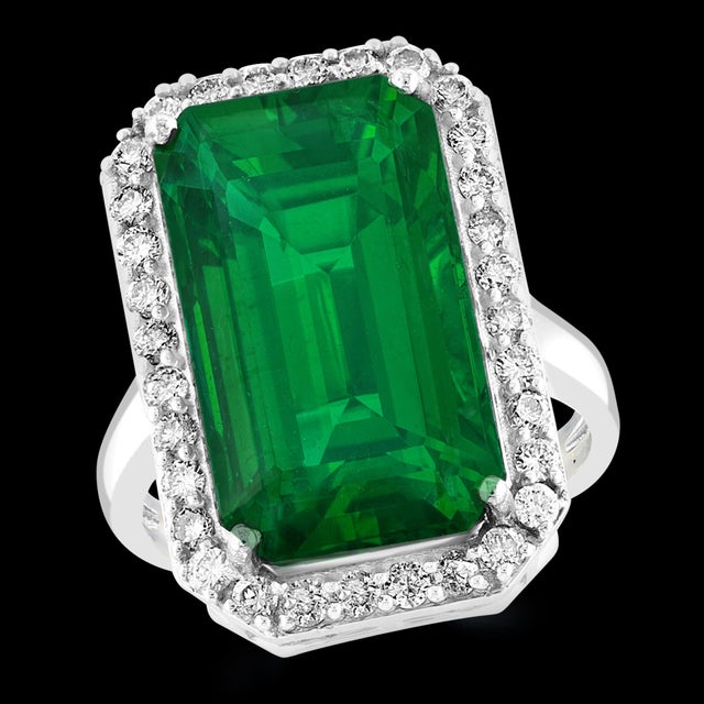 Natural 16 Carat Emerald Cut Zambian Emerald & Diamond Ring in 14Kt White Gold A classic design ring , Ring Size 6.75...