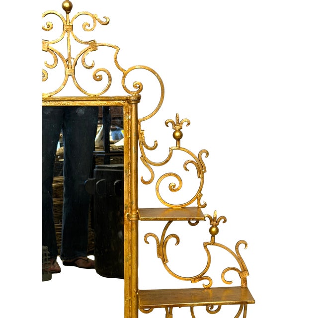 Mid-Century Italianate Gilt Iron Etegere Wall Mirror W/ Shelves For Sale In Los Angeles - Image 6 of 8