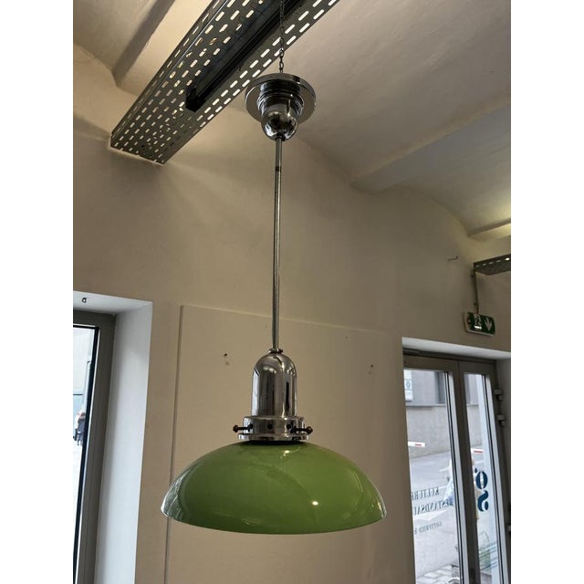 Metal Chrome Ceiling Lamp with Green Glass Shade, 1960s For Sale - Image 7 of 8