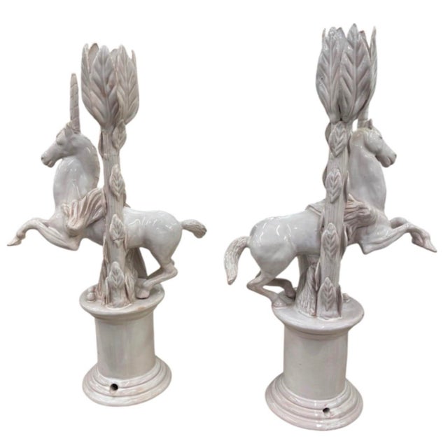 Vintage Ceramic Rearing Unicorn and Leaf Pillar Candleholders For Sale - Image 4 of 12
