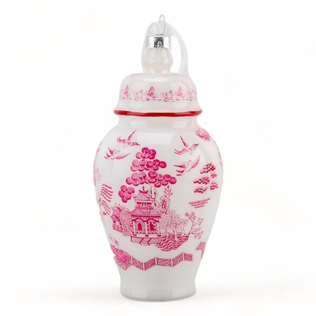 Pair of contemporary Chinoiserie glass ornaments featuring a beautiful pink willow design. They are perfect on a Christmas...