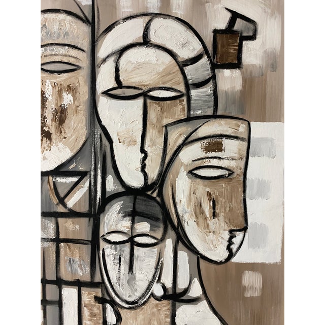 Late 20th Century Large Tom Hayward Abstract Figural Painting, Cubist Style Faces, Neutral Tones For Sale - Image 5 of 15
