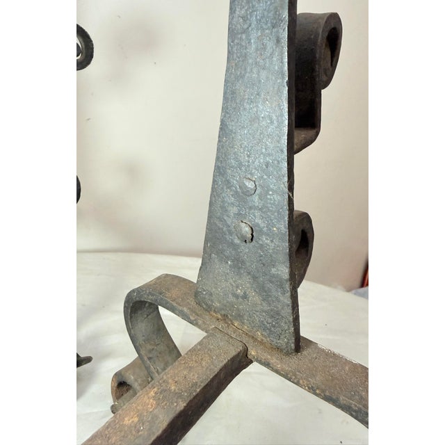 Black Rare Antique 19th Century Hand Wrought Iron Fireplace Firedogs Black Andirons For Sale - Image 8 of 13