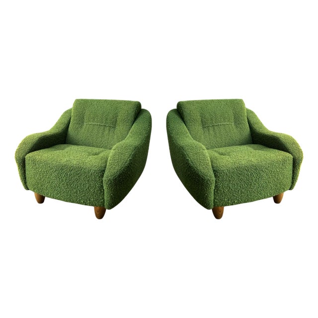 Set of Lounge Chairs in Green Bouclé with Sinuous Armrests, 2000s For Sale